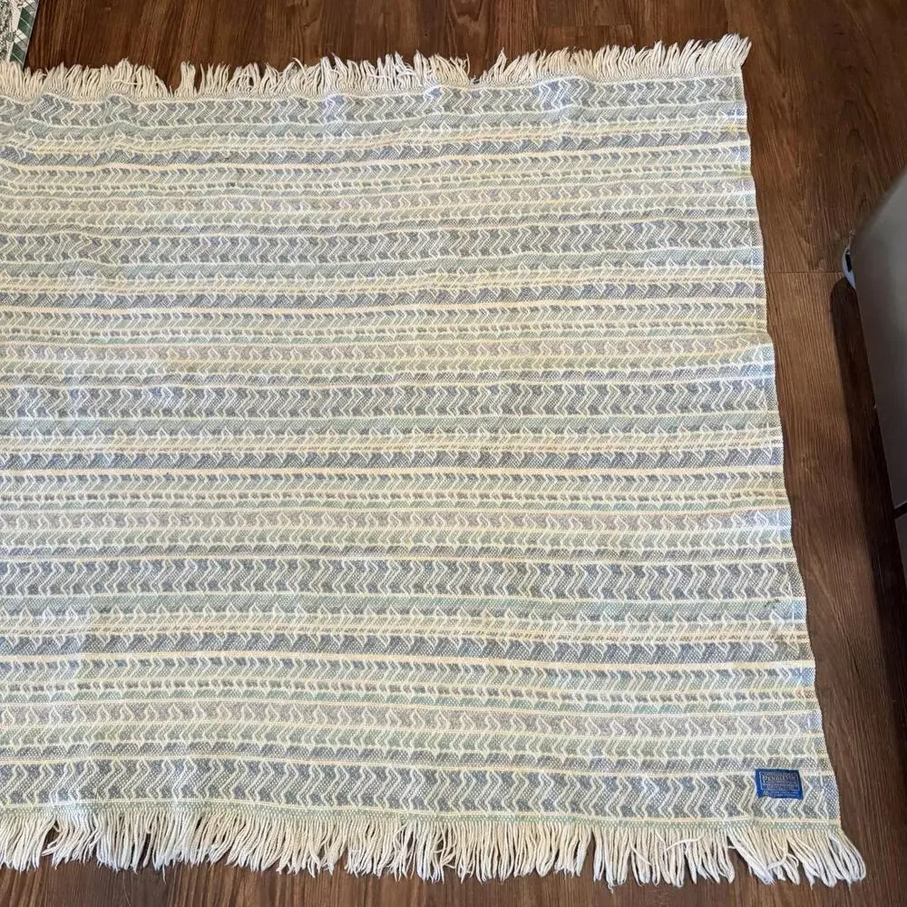 Vintage 90s RARE Pendleton Woolen Mills Fringed Throw Blue Label Blue Gold 60x48